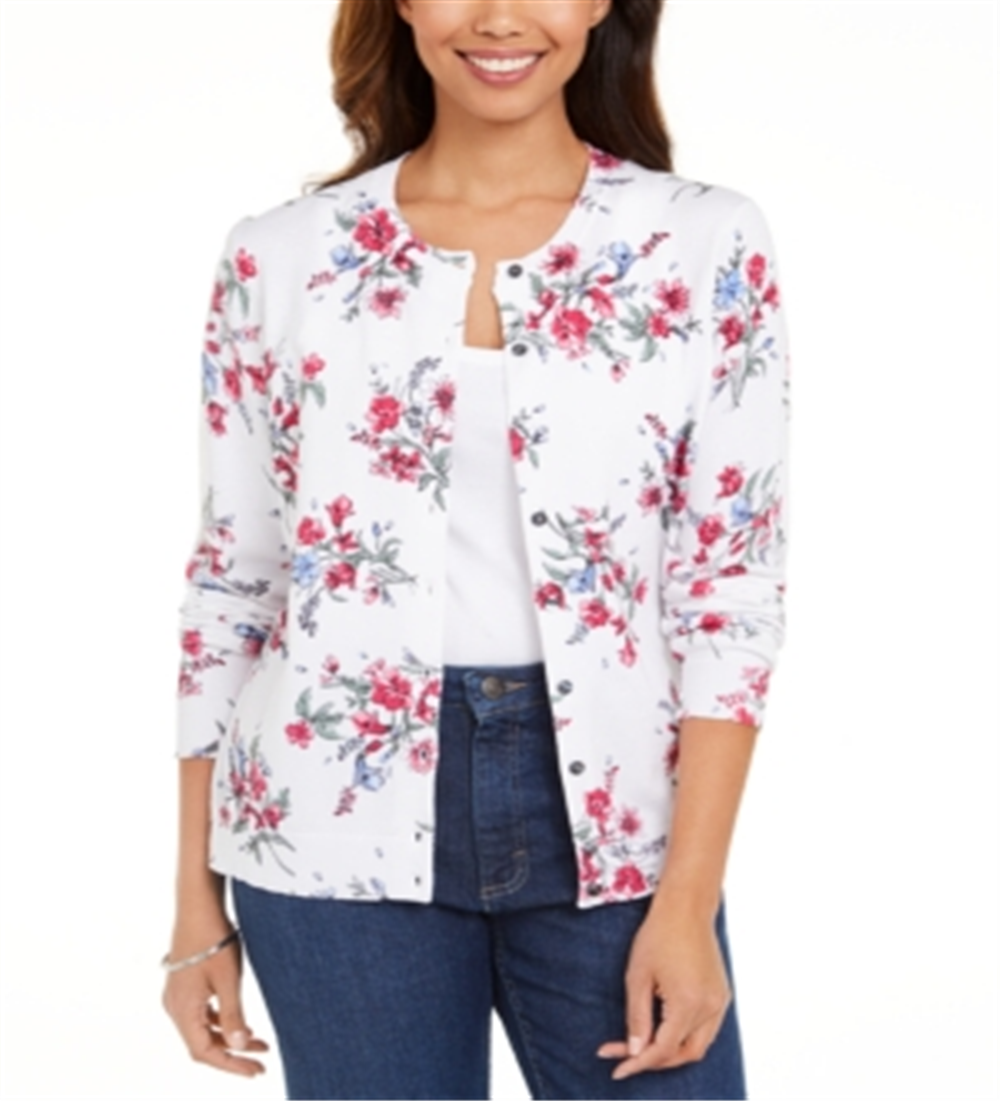 Karen Scott Cardigan Feminino Estampado Floral com Botões Branco Tamanho XS