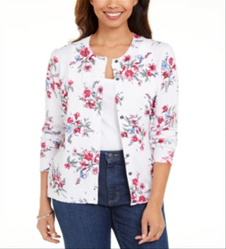 Karen Scott Cardigan Feminino Estampado Floral com Botões Branco Tamanho XS