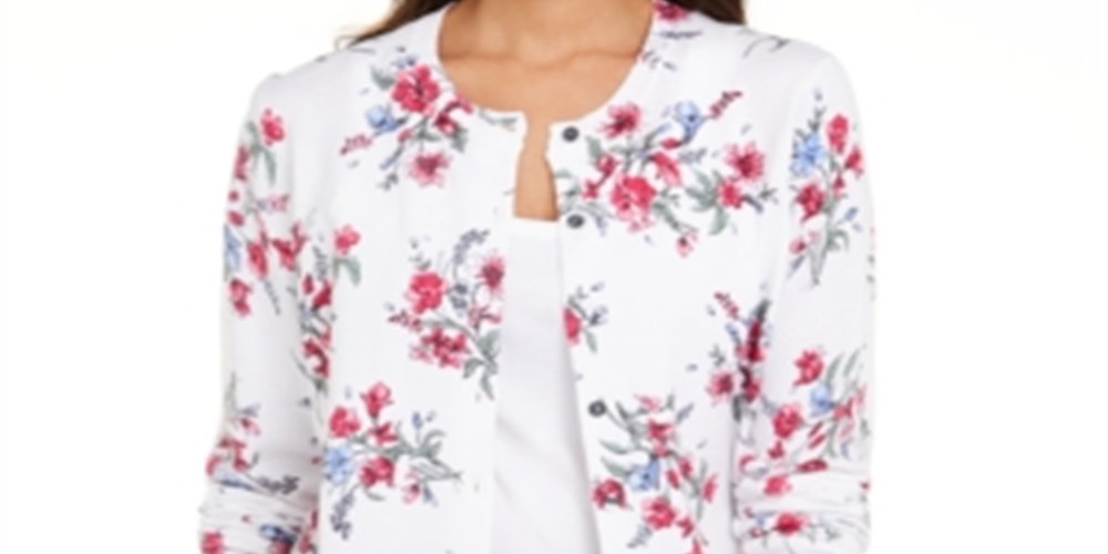 Karen Scott Cardigan Feminino Estampado Floral com Botões Branco Tamanho XS