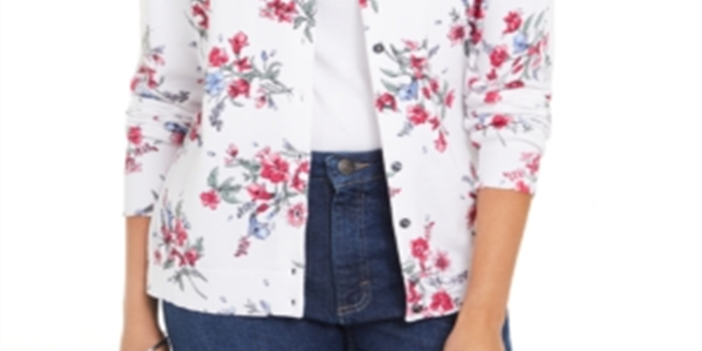 Karen Scott Cardigan Feminino Estampado Floral com Botões Branco Tamanho XS