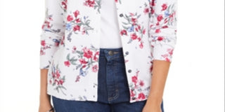 Karen Scott Cardigan Feminino Estampado Floral com Botões Branco Tamanho XS