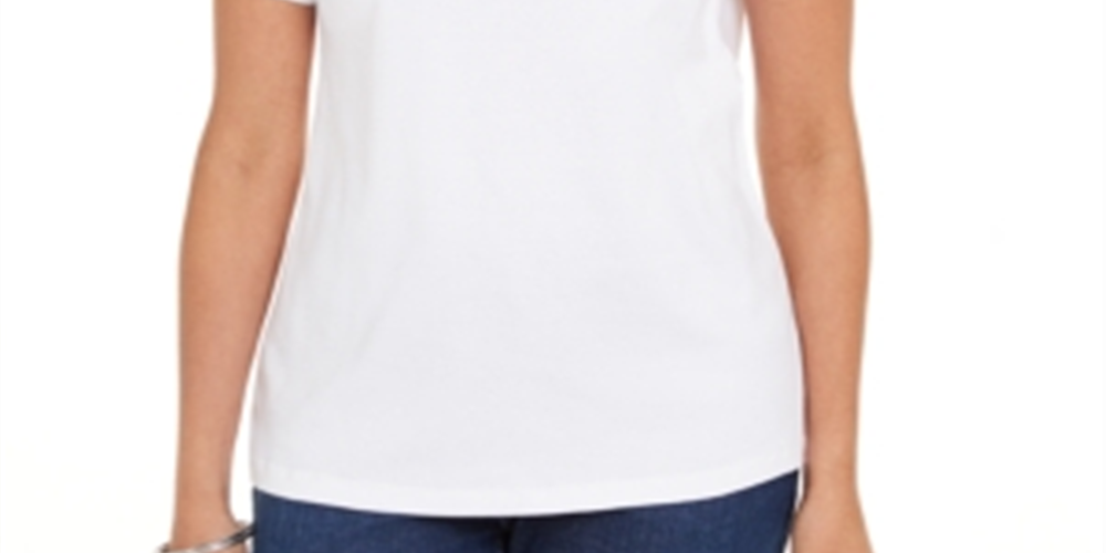 Camiseta feminina Karen Scott de algodão com decote em V e acabamento aberto, branca, tamanho M