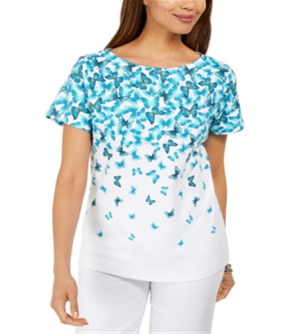 Blusa feminina Karen Scott com estampa de borboleta em cascata, azul, tamanho XS