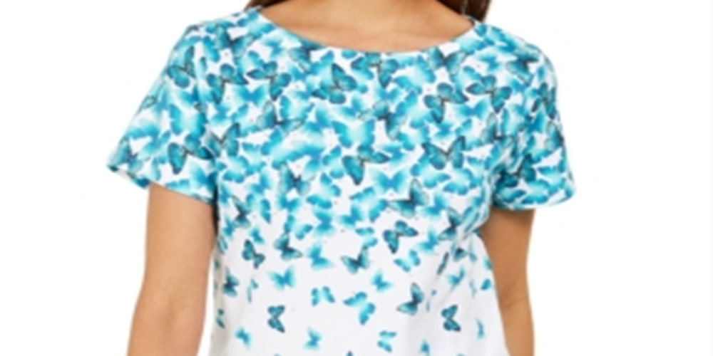 Blusa feminina Karen Scott com estampa de borboleta em cascata, azul, tamanho XS