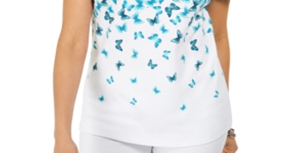 Blusa feminina Karen Scott com estampa de borboleta em cascata, azul, tamanho XS