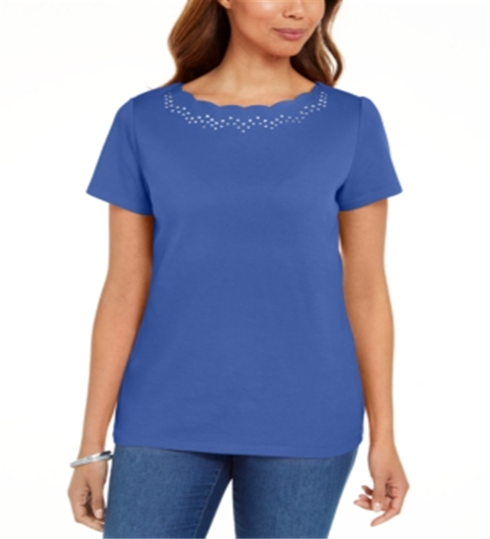 Camiseta feminina Karen Scott de algodão com gola recortada, azul, tamanho XS