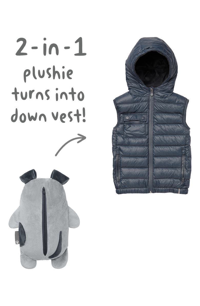 Colete de plumas transformador 2 em 1 para meninos Cubcoats Pimm The Puppy com capuz e pelúcia macia cinza