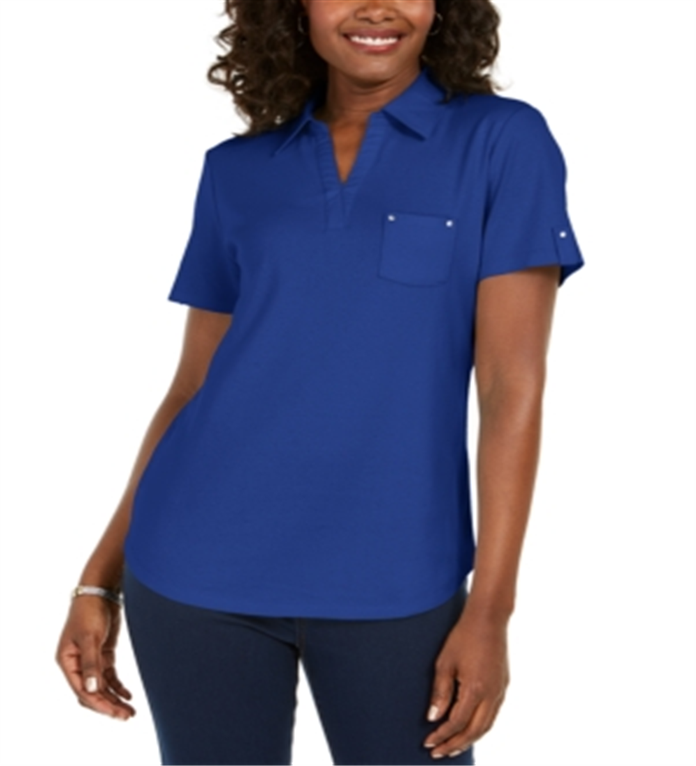 Polo Karen Scott feminino com gola lisa, azul, tamanho pequeno