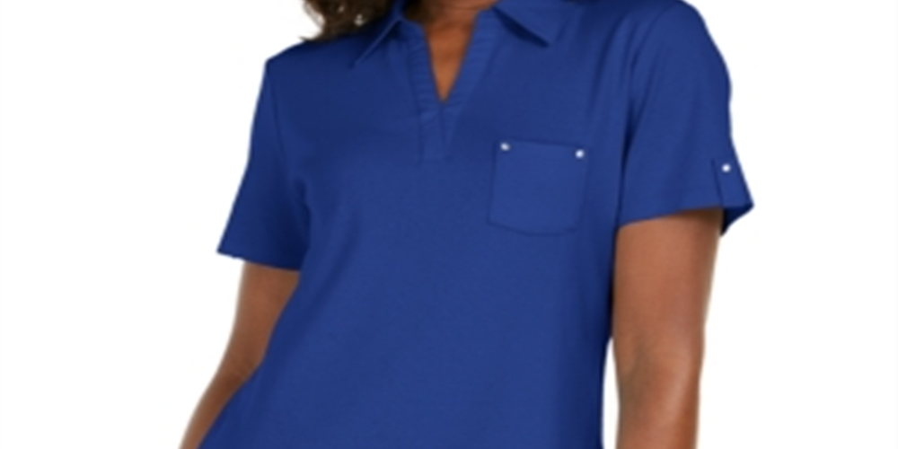 Polo Karen Scott feminino com gola lisa, azul, tamanho pequeno