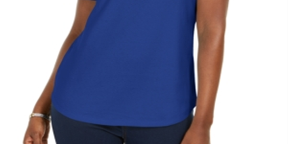 Polo Karen Scott feminino com gola lisa, azul, tamanho pequeno