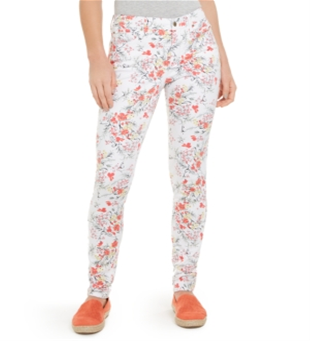 Calça jeans feminina Lexington com estampa floral e perna reta, branca, tamanho 8