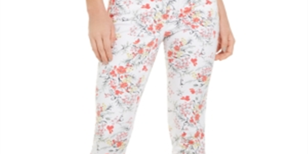 Calça jeans feminina Lexington com estampa floral e perna reta, branca, tamanho 8