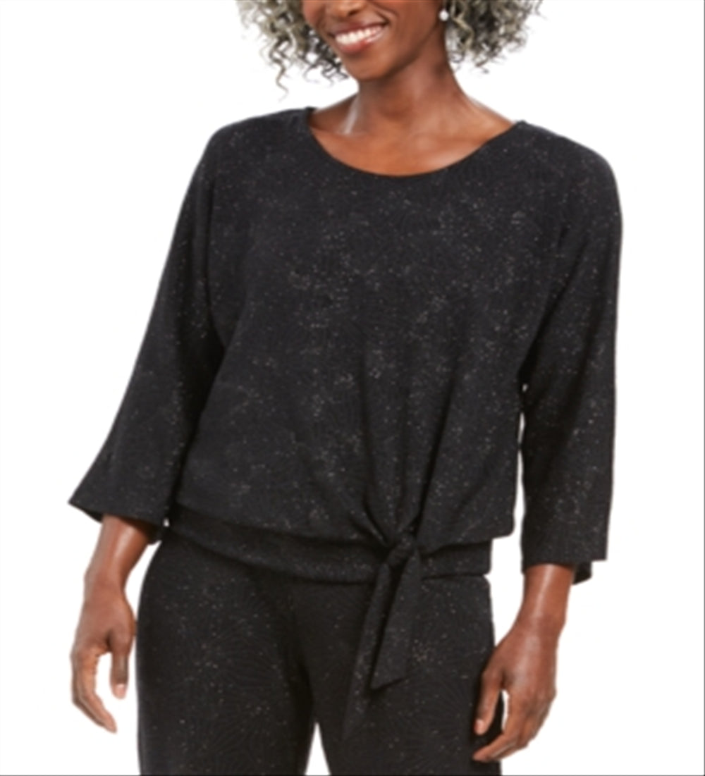 JM Collection Top feminino metálico com amarração frontal, preto, tamanho 2XL