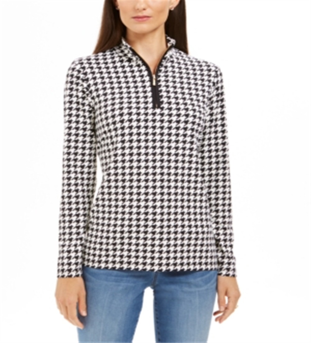 Camiseta feminina Charter Club com zíper e estampa pied-de-poule, preta, tamanho G