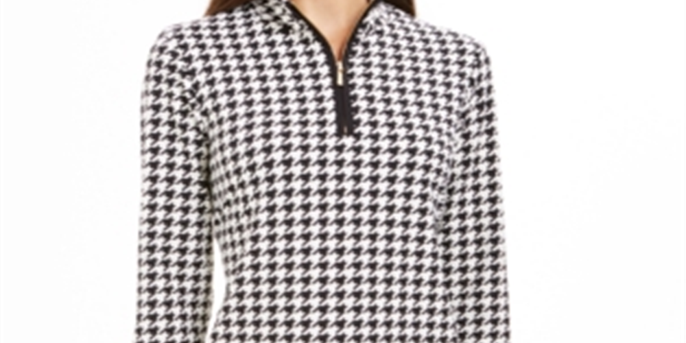 Camiseta feminina Charter Club com zíper e estampa pied-de-poule, preta, tamanho G