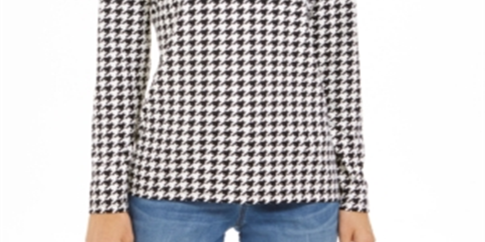Camiseta feminina Charter Club com zíper e estampa pied-de-poule, preta, tamanho G