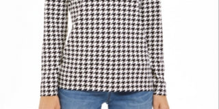 Camiseta feminina Charter Club com zíper e estampa pied-de-poule, preta, tamanho G