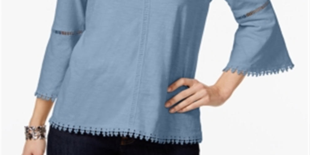 Blusa feminina estilo &amp; co com manga sino e decote em joia, azul, tamanho pequeno médio