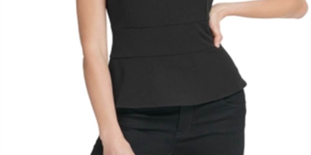Blusa peplum feminina DKNY com decote em V, preta, tamanho P