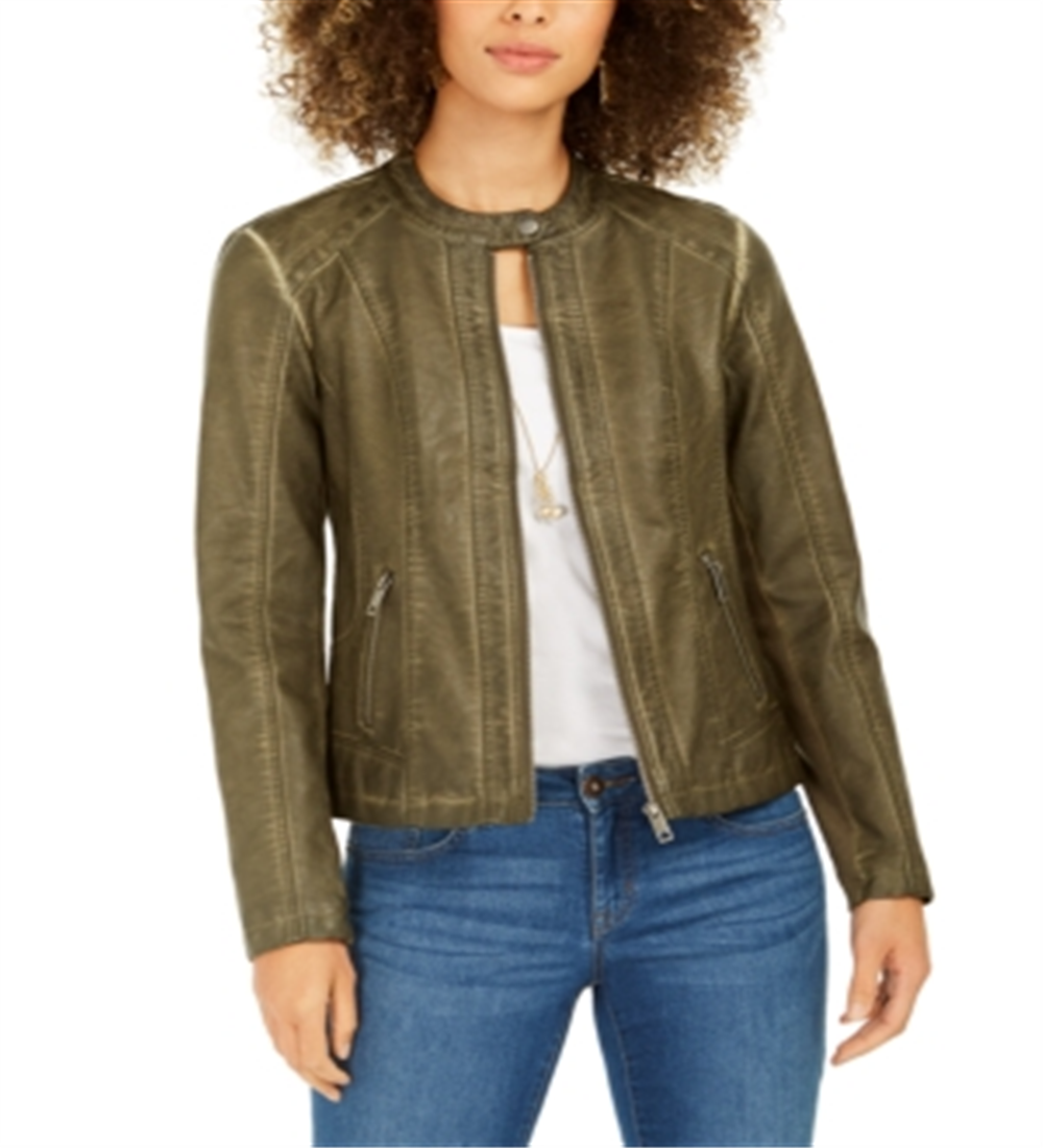 Jaqueta de couro sintético tingida com perfuração para mulheres Style &amp; Co, verde, tamanho G