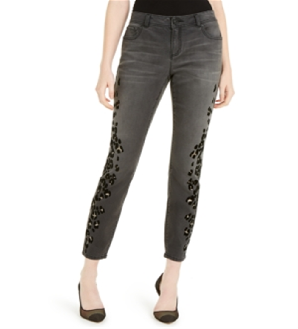 Calça jeans skinny feminina com estampa de leopardo e flocada da INC International Concepts, preta, tamanho 0