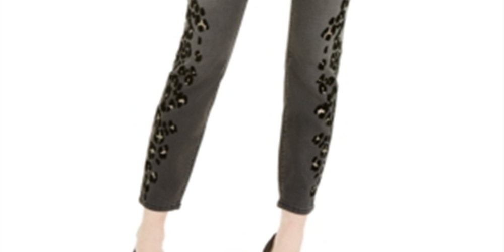 Calça jeans skinny feminina com estampa de leopardo e flocada da INC International Concepts, preta, tamanho 0