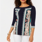 JM Collection Top feminino estampado com tachas e manga 3/4, azul, tamanho M