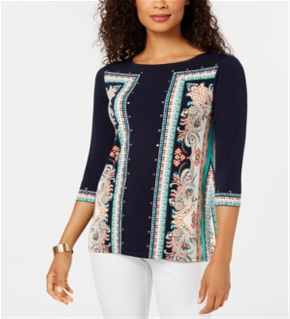 JM Collection Top feminino estampado com tachas e manga 3/4, azul, tamanho M