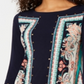 JM Collection Top feminino estampado com tachas e manga 3/4, azul, tamanho M