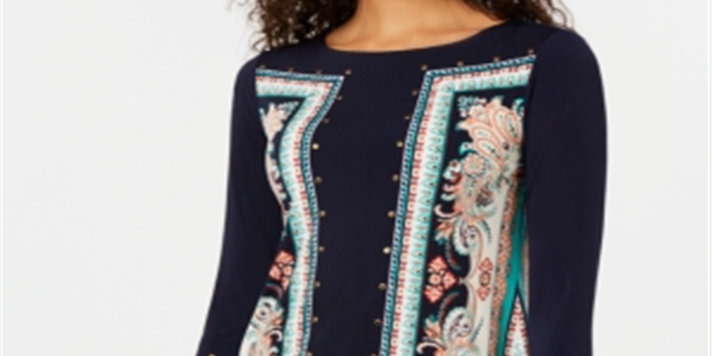 JM Collection Top feminino estampado com tachas e manga 3/4, azul, tamanho M