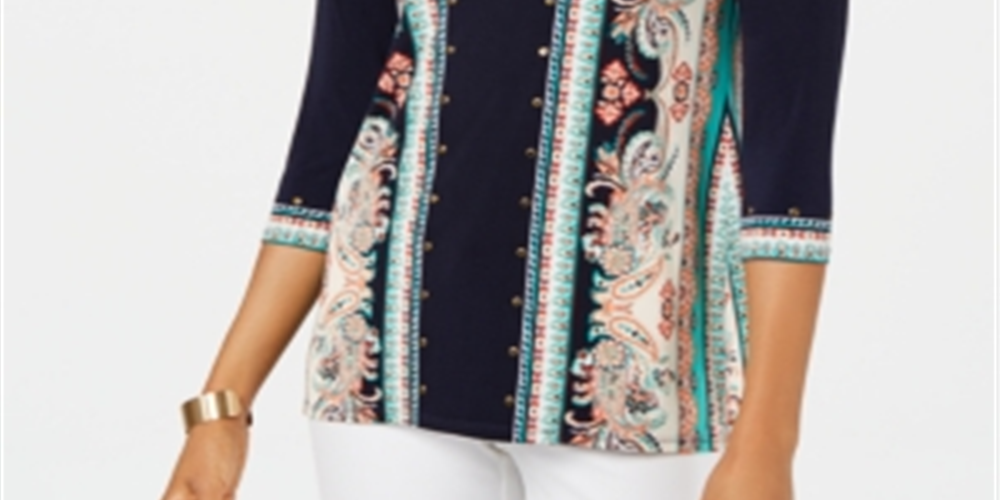 JM Collection Top feminino estampado com tachas e manga 3/4, azul, tamanho M