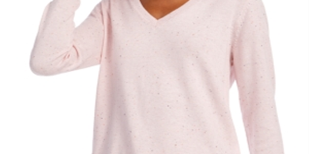 Suéter túnica feminino Maison Jules de algodão com decote em V, rosa, tamanho P