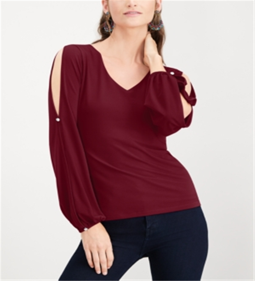 INC International Concepts Top feminino com mangas divididas e botões de strass, vermelho, tamanho PP
