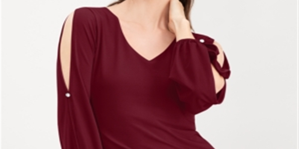 INC International Concepts Top feminino com mangas divididas e botões de strass, vermelho, tamanho PP