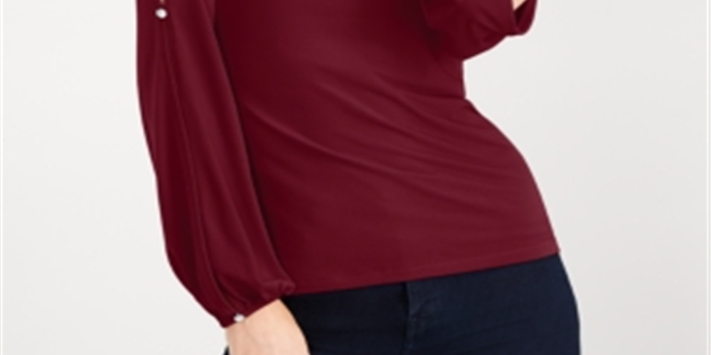 INC International Concepts Top feminino com mangas divididas e botões de strass, vermelho, tamanho PP