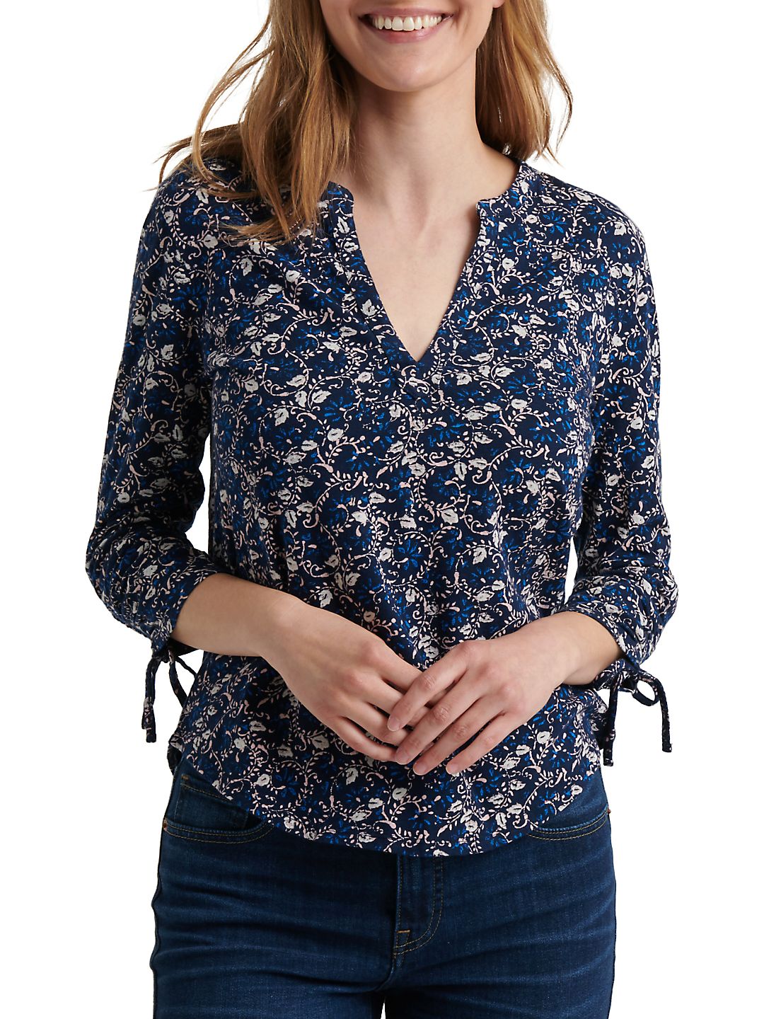 Blusa feminina estampada e franzida Lucky Brand, azul, tamanho M