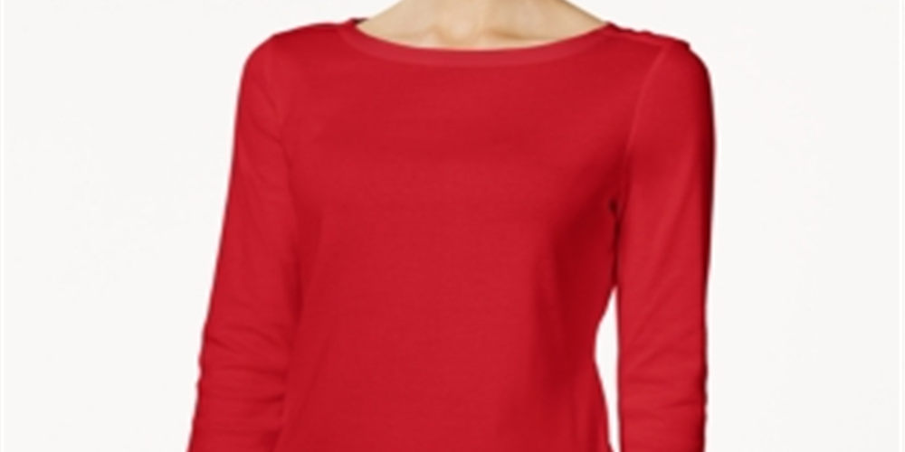 Charter Club Top feminino de algodão Pima com decote canoa e botões, tamanho M, vermelho