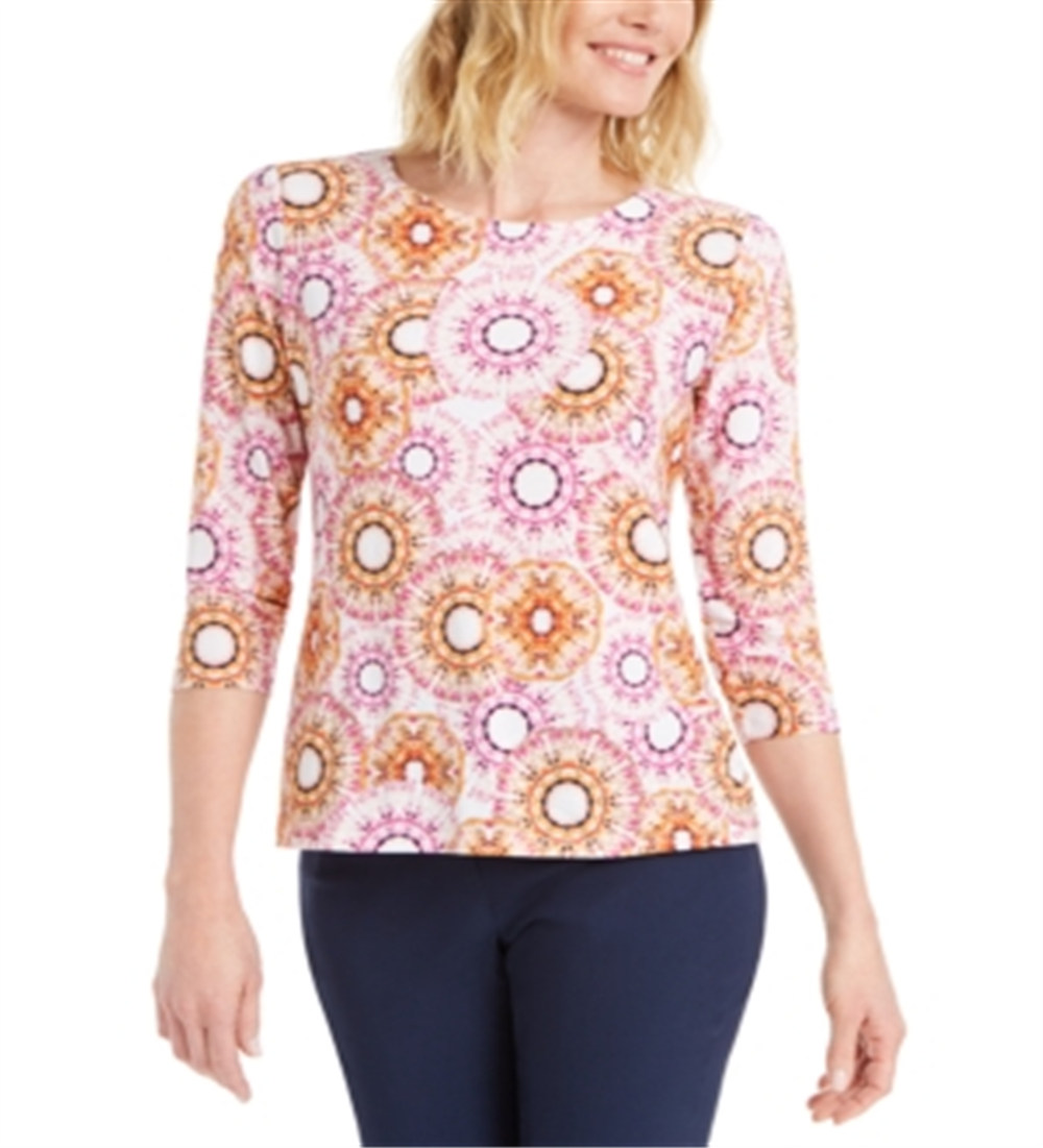Blusa feminina estampada com manga 3/4 em jacquard, rosa, tamanho 2XL, da coleção JM