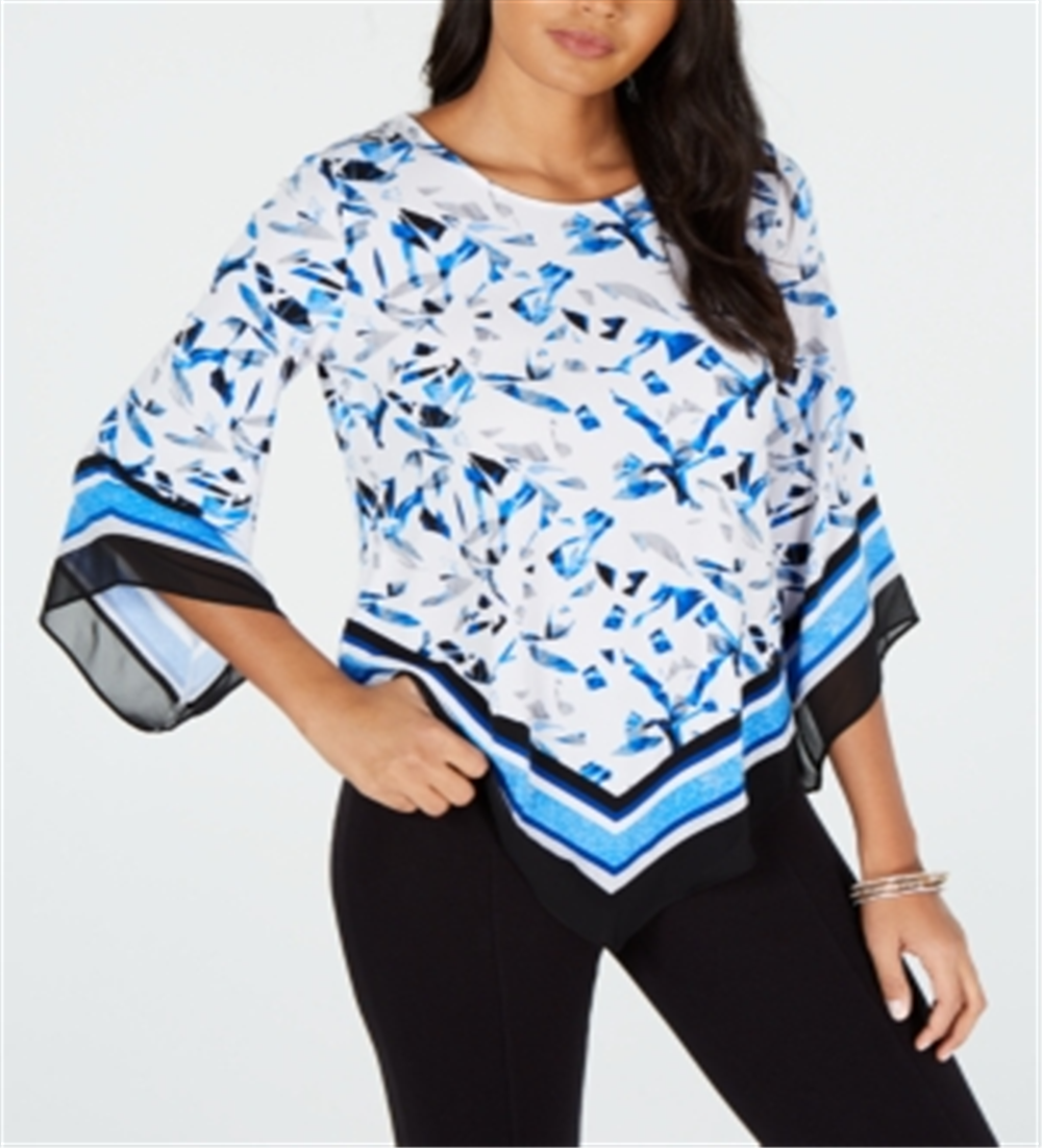 Blusa feminina Alfani com bainha em V e manga anjo, azul, tamanho PP