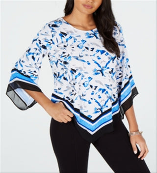 Blusa feminina Alfani com bainha em V e manga anjo, azul, tamanho PP