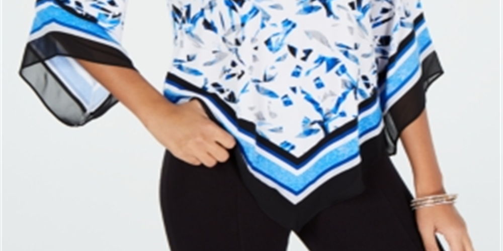 Blusa feminina Alfani com bainha em V e manga anjo, azul, tamanho PP