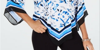 Blusa feminina Alfani com bainha em V e manga anjo, azul, tamanho PP