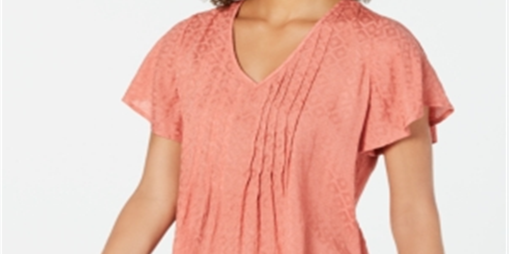 Blusa feminina estilo &amp; co coral com babados e manga curta, decote em V, tamanho laranja, pequena