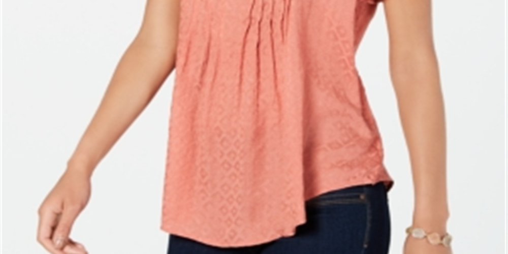 Blusa feminina estilo &amp; co coral com babados e manga curta, decote em V, tamanho laranja, pequena