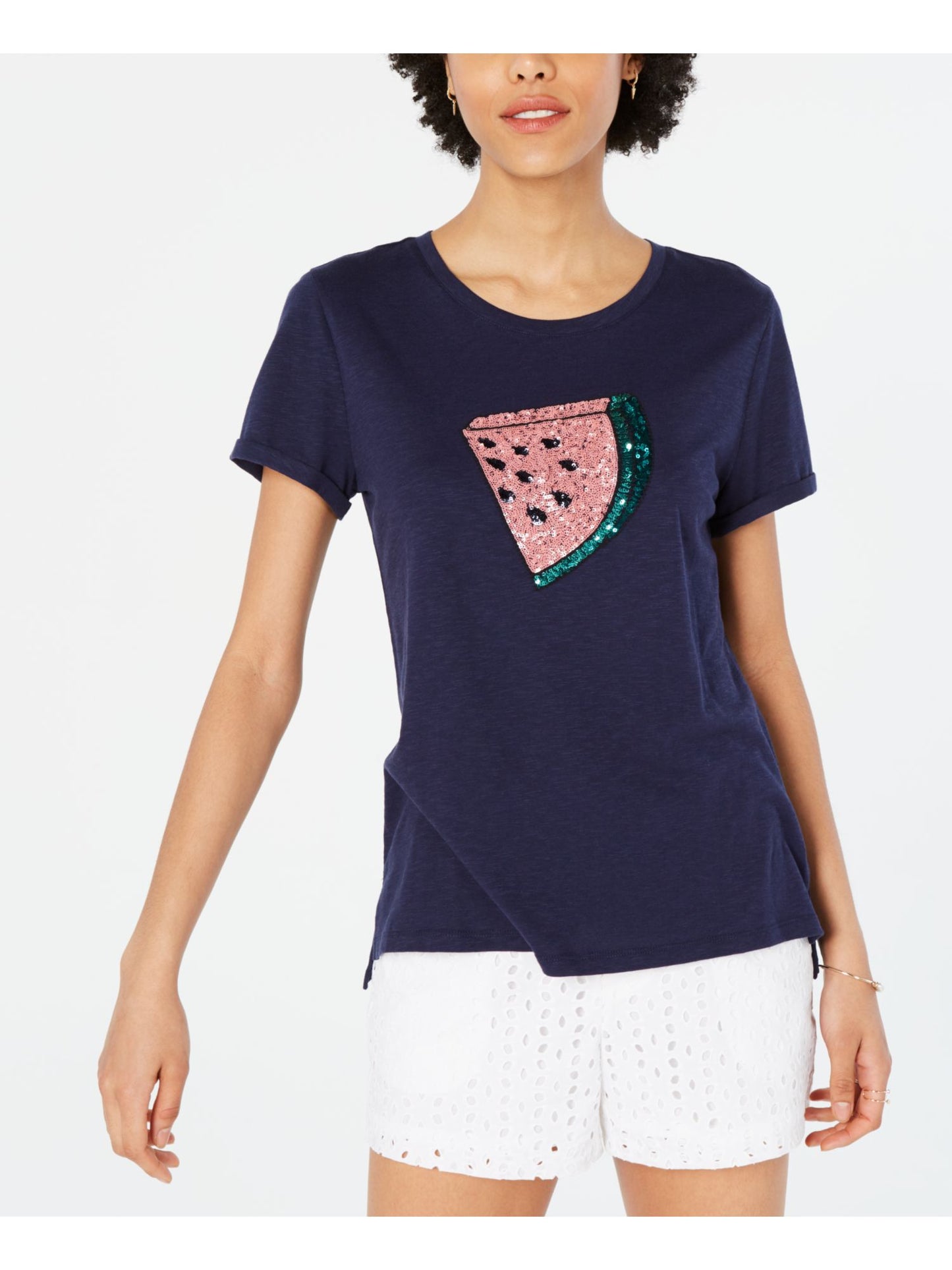 Camiseta feminina Maison Jules com estampa de lantejoulas, manga curta e gola redonda, tamanho grande, azul