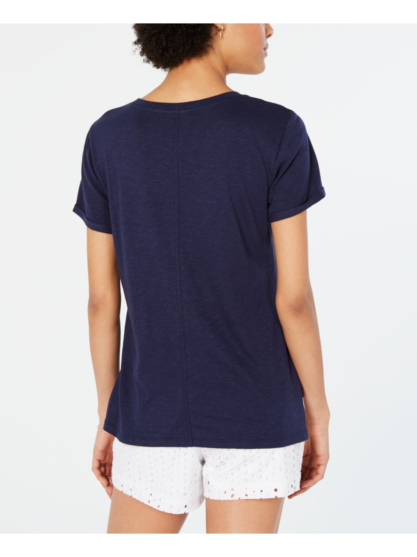 Camiseta feminina Maison Jules com estampa de lantejoulas, manga curta e gola redonda, tamanho grande, azul