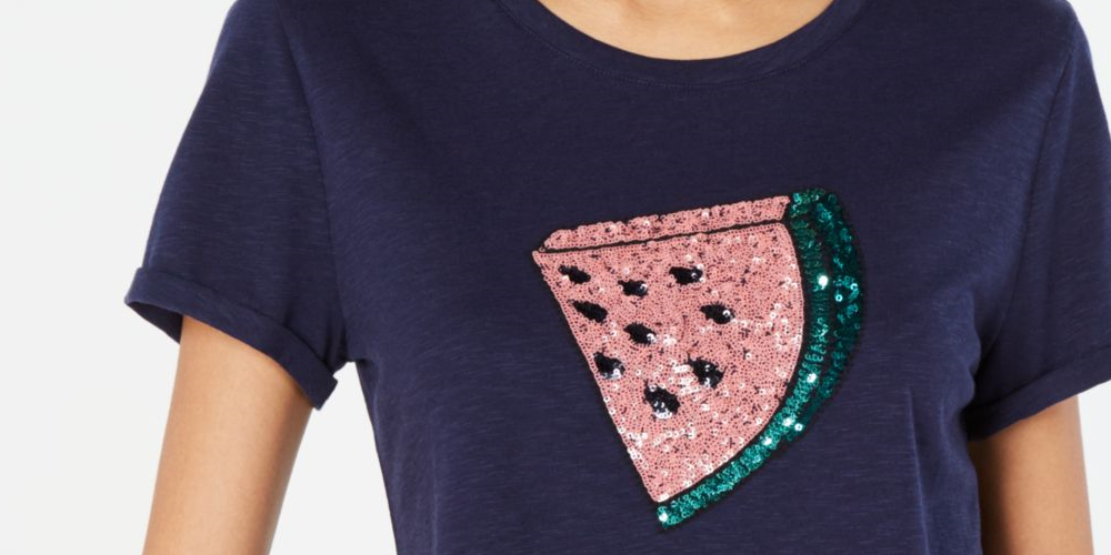 Camiseta feminina Maison Jules com estampa de lantejoulas, manga curta e gola redonda, tamanho grande, azul