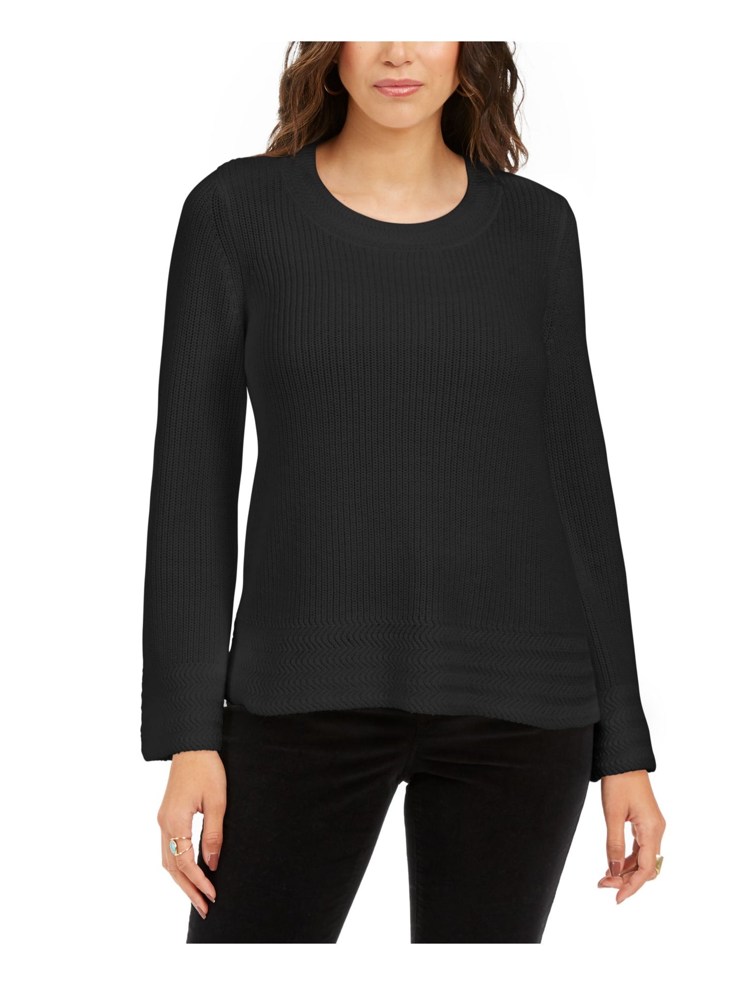 Camiseta feminina de malha texturizada com estampa de manga comprida e decote redondo, preta, tamanho pequeno, estilo &amp; co