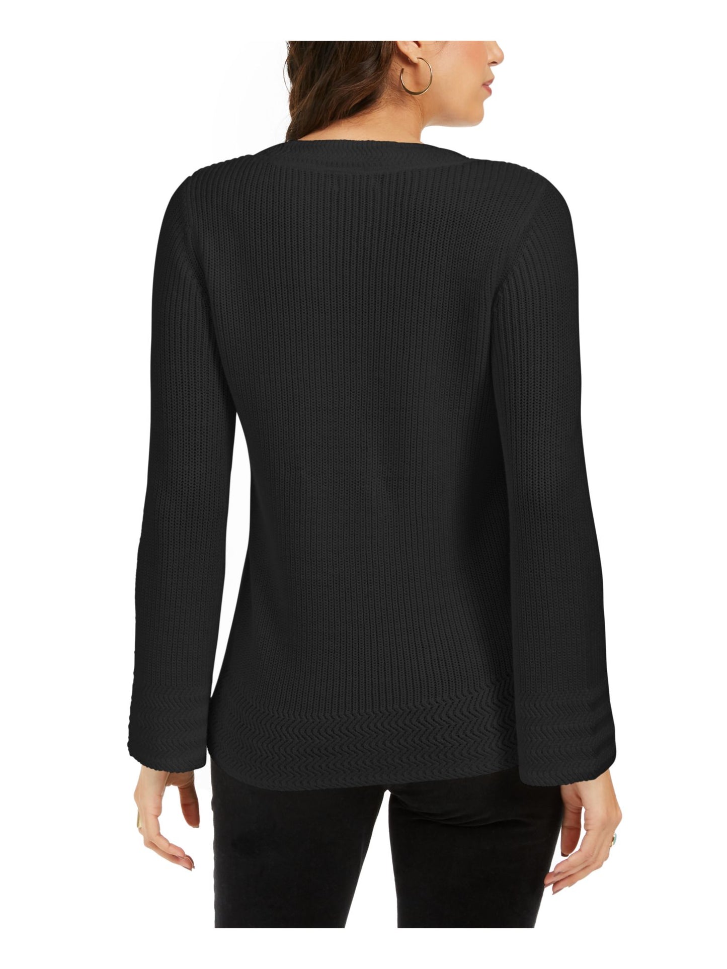 Camiseta feminina de malha texturizada com estampa de manga comprida e decote redondo, preta, tamanho pequeno, estilo &amp; co