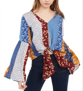 Top Polly &amp; Esther Junior com amarração frontal e manga sino, marrom, tamanho pequeno